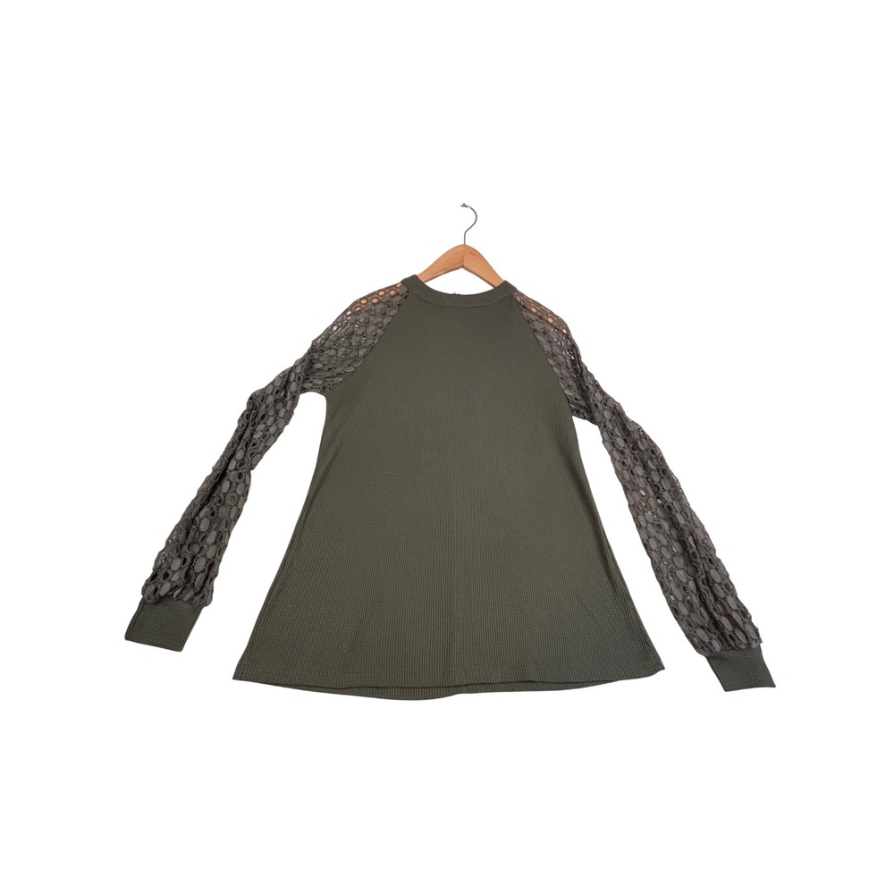 MIHOLL Olive Green Waffle Knit Top Floral Lace Long Sleeve Crew Neck Small